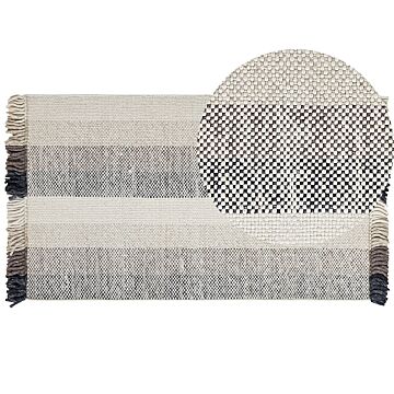 Area Rug Off-white Wool 80 X 150 Cm Rectangular Hand Woven With Tassels Modern Design Beliani