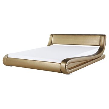 Platform Waterbed Gold Genuine Leather Upholstered With Mattress And Accessories 5ft3 Eu King Size Sleigh Design Beliani