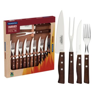 Tramontina Stainless Steel Barbecue Set With Natural Wood Handles, 14pcs
