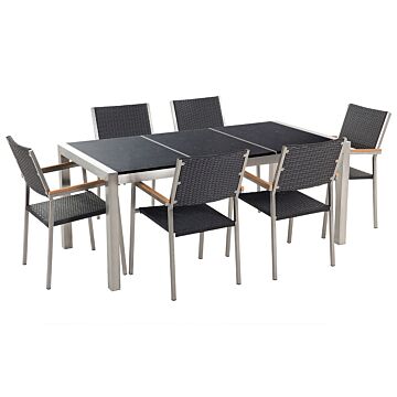 Garden Dining Set Black With Black Granite Table Top Rattan Chairs 6 Seats 180 X 90 Cm Triple Plate Beliani