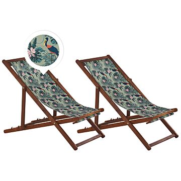 Set Of 2 Garden Deck Chairs Dark Acacia Wood Frame Pelican Pattern Replacement Fabric Hammock Seat Reclining Folding Sun Lounger Beliani
