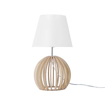 Table Lamp Round Light Wood Base White Fabric Lampshade Modern Beliani