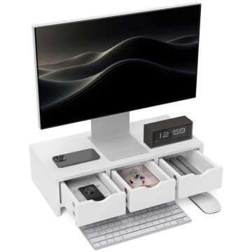 Homcom Monitor Stand Riser With 3 Drawers, Monitor Riser For Laptop, Computer, Pc, Small Printer, 51 X 24 X 13cm, White