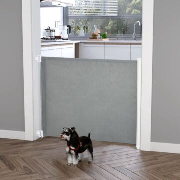 Pawhut Retractable Safety Gate Dog Pet Guard Barrier Folding Protector Home Doorway Room Divider Stair Guard Grey 115l X 82.5h Cm