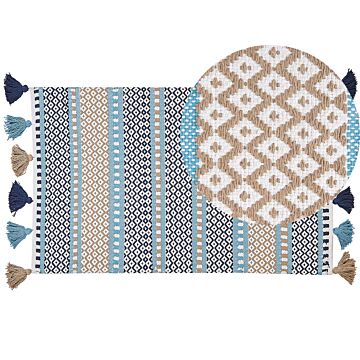 Rug Multicolour Wool 80 X 150 Cm With Tassels Striped Geometric Pattern Hand Woven Flatweave Beliani