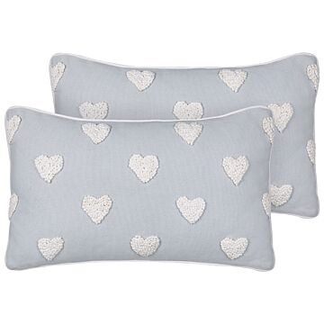 Set Of 2 Scatter Cushions Grey Cotton 30 X 50 Cm Embroidered Hearts Pattern Beliani