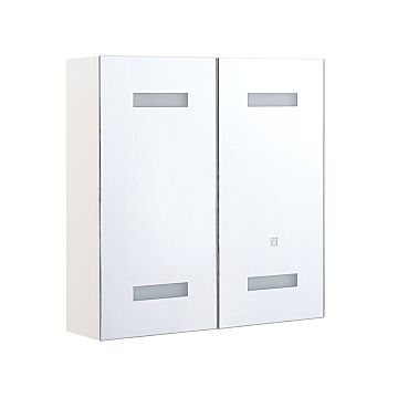 Bathroom Mirror Cabinet Silver Plywood 60 X 60 Cm Hanging 2 Door Cabinet With Led Strip Lights Beliani