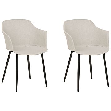 Set Of 2 Dining Chairs Light Beige Fabric Upholstered Black Legs Retro Style Living Space Furniture Beliani