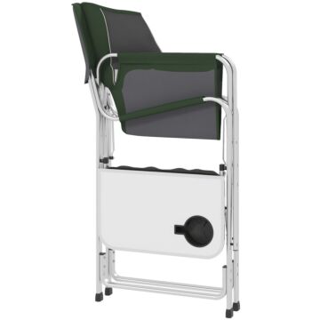 Outsunny Aluminium Directors Chair, Folding Camping Chair For Adults With Side Table, Cup Holder, Cooler Bag And Pocket, Green
