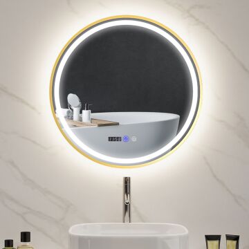 Homcom Round Bathroom Mirror With Led Lights, 600mm Backlit Illuminated Bathroom Mirror, Dimmable Wall Mounted Vanity Mirror With Demister Pad, Touch Switch, Time And Temp Display, Gold Tone