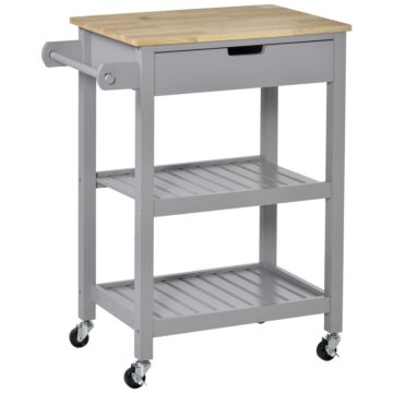 Homcom Kitchen Trolley Utility Cart On Wheels With Rubberwood Worktop, Towel Rack, Storage Shelves & Drawer For Dining Room, Grey