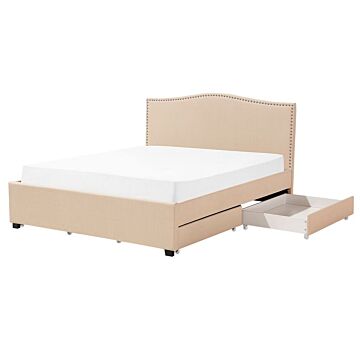 Bed Frame Beige Polyester Upholstered Drawer Storage 5ft3 Eu King Size Traditional Design Beliani