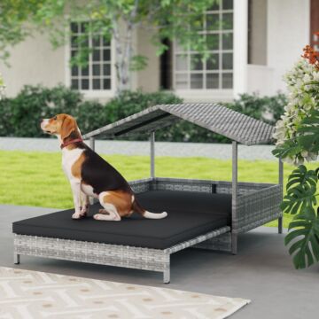 Pawhut Extendable Elevated Dog Bed, Rattan Dog House, With Water-resistant Roof, Removable Cushion, Charcoal Grey