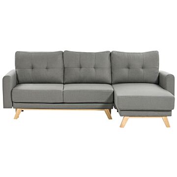 Left Corner Sofa Grey Fabric Upholstered With Sleeper Function Pull Out Cushioned Back Wooden Legs Beliani