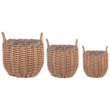 Set Of 3 Plant Baskets Brown Pe Rattan Round With Handles Synthetic Inlay Beliani