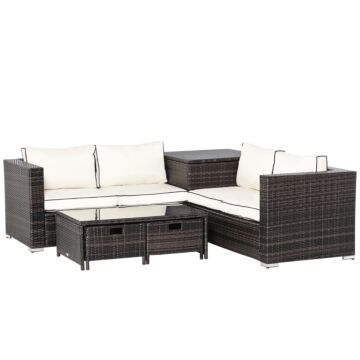 Outsunny 4-seater Rattan Garden Furniture Patio Sofa Set Storage & Table Set W/ 2 Drawers Coffee Table & Corner Sofa, Brown