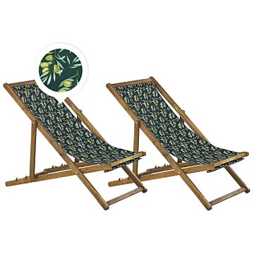 Set Of 2 Garden Deck Chairs Light Acacia Wood Frame Olives Pattern Replacement Fabric Hammock Seat Reclining Folding Sun Lounger Beliani