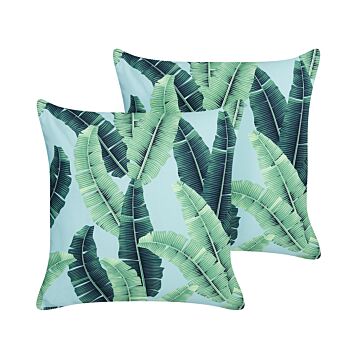 Set Of 2 Garden Cushions Green Polyester 45 X 45 Cm Square Leaf Pattern Motif Modern Design Throw Scatter Pillow Beliani