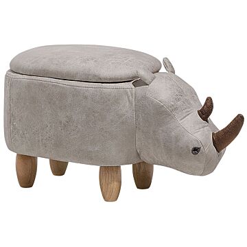 Animal Rhino Children Stool With Storage Light Grey Faux Leather Wooden Legs Nursery Footstool Beliani