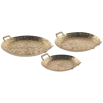 Set Of 3 Decorative Trays Gold Metal Trinket Jewellery Round Dish Textured Glamour Home Accessory Beliani