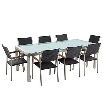 Garden Dining Set Black With Cracked Glass Table Top Rattan Chairs 8 Seats 220 X 100 Cm Beliani