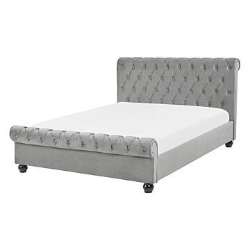 Bed Frame Grey Velvet Upholstery Black Wooden Legs Eu Double Size 4ft6 Buttoned Glam Beliani