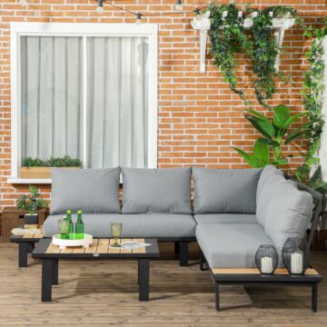 Outsunny 4 Pieces Aluminium Garden Furniture Set L Shape Sofa Set With Tables, Cushions For Indoor, Dark Grey