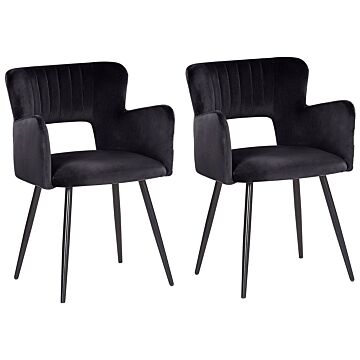Set Of 2 Chairs Dining Chair Black Velvet With Armrests Cut-out Backrest Black Metal Legs Beliani