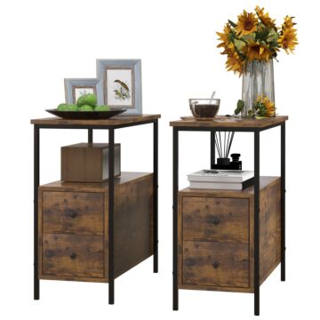 Homcom Set Of 2 Side Table, Narrow Bedside Table With 2 Drawers And Storage Shelf, Industrial End Table With Metal Frame For Small Spaces, Rustic Brown