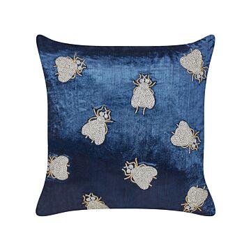 Scatter Cushion Navy Blue And Silver Velvet 45 X 45 Cm Square Handmade Throw Pillow Embroidered Flies Pattern Removable Cover Beliani