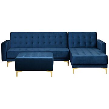 Corner Sofa Bed Navy Blue Velvet Tufted Fabric Modern L-shaped Modular 4 Seater With Ottoman Left Hand Chaise Longue Beliani