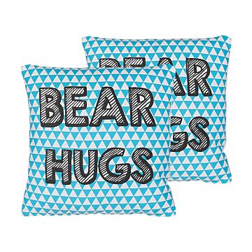 Set Of 2 Kids Cushions Blue Cotton 40 X 40 Cm Bear Hugs Print Triangle Pattern Square Shape Children Room Beliani