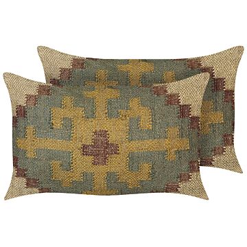 Set Of 2 Scatter Cushions Multicolour Jute And Wool 30 X 50 Cm Oriental Pattern Kilim Style Washed Out Earth Colours Beliani