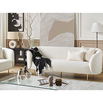 3 Seater Sofa White Boucle Fabric Soft Nubby Gold Legs Retro Glam Art Decor Style Beliani