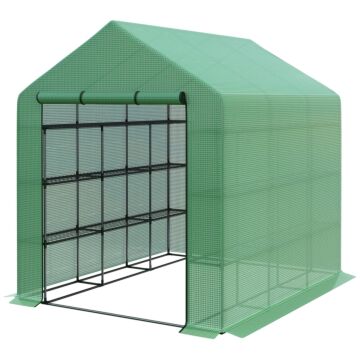 Outsunny Poly Tunnel Steeple Walk In Garden Greenhouse With Removable Cover Shelves - Green 244 X 180 X 210cm