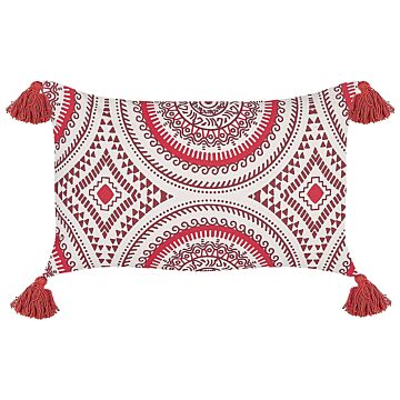 Scatter Cushion Red And White Cotton 30 X 50 Cm Geometric Pattern Handwoven Removable Covers With Filling Oriental Style Beliani