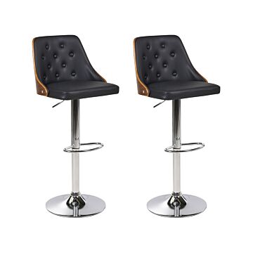 Set Of 2 Bar Stools Black Faux Leather With Dark Wood Tufted Back Silver Metal Swivel Base With Footrest Gas Lift Height Adjustment Beliani