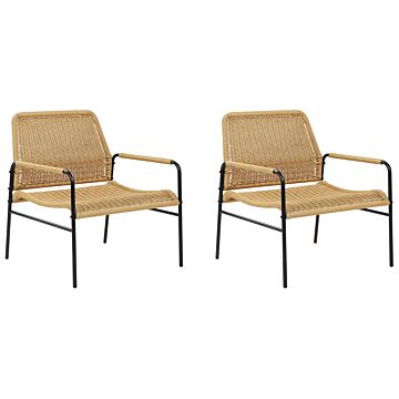 Set Of 2 Garden Chairs Natural With Black Frame Rattan Weave Metal Frame Modern Design Outdoor Seating Beliani