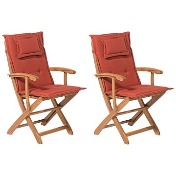 Set Of 2 Garden Dining Chairs Light Wood With Red Cushion Acacia Wood Frame Folding Rustic Design Beliani