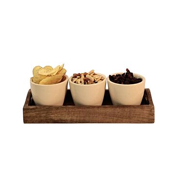 Set Of 3 Ceramic Snack/nibble Bowls With Mango Wood Tray