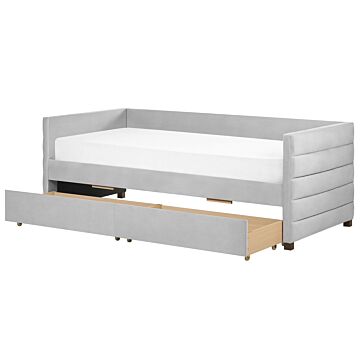 Daybed Light Grey Velvet Eu Single Size 90 X 200 Cm With Slatted Frame And Drawers Beliani