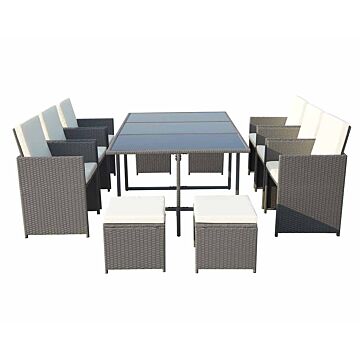 Cannes Grey 10 Seater Cube Set 166.5x110cm Table, 6 Kd Cube Chairs With Folding Backrests And 4 Footstools Including Cushions