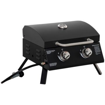 Outsunny 2 Burner Gas Barbecue Grill Garden Portable Tabletop Bbq W/ Folding Legs, Lid, Thermometer, Carbon Steel Body, Black
