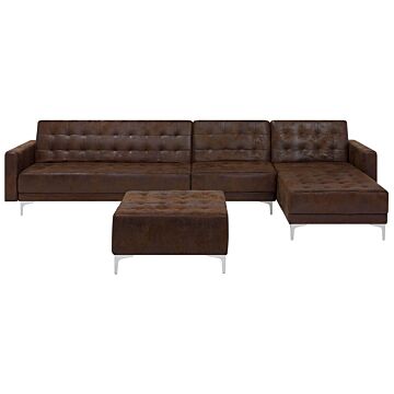Corner Sofa Bed Brown Faux Leather Tufted Modern L-shaped Modular 5 Seater With Ottoman Left Hand Chaise Longue Beliani