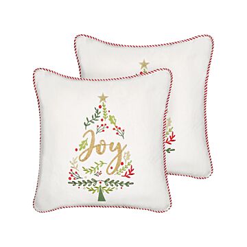 Set Of 2 Scatter Cushions White Velvet Fabric 45 X 45 Cm Christmas Tree Pattern Cotton Removable Covers Living Room Bedroom Beliani