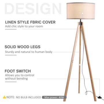 Homcom 5ft Elegant Wood Tripod Floor Lamp Free Standing E27 Bulb Lamp Versatile Use For Home Office - Beige