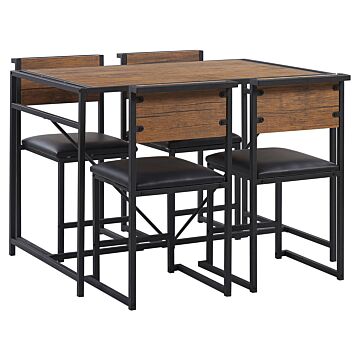 Dining Set Dark Wood Top Black Steel Legs Rectangular Table 110 X 70 Cm 4 Chairs Upholstered Seats Modern Industrial Beliani