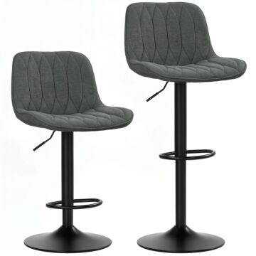 Homcom Bar Stools Set Of 2, Height Adjustable Swivel Barstools With Backrest And Footrest, Modern Linen Upholstered Armless Bar Chairs For Kitchen, Breakfast Counter, Charcoal Grey