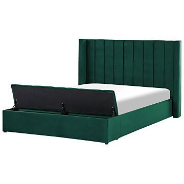 Eu King Size Panel Bed Green Velvet 5ft5 Slatted Base High Headrest With Storage Bench Beliani