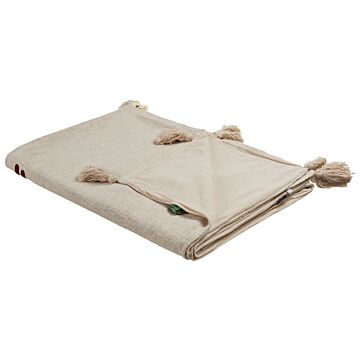Blanket Beige And Brown Cotton 130 X 180 Cm Handmade Embrioidery Bed Throw Cosy Lama Pattern With Tassels Beliani
